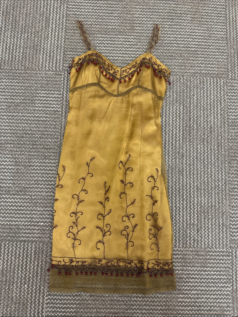 Vintage Sue Wong Rare Y2K Gold Beaded Embroidered Slip Mini Dress, size 4